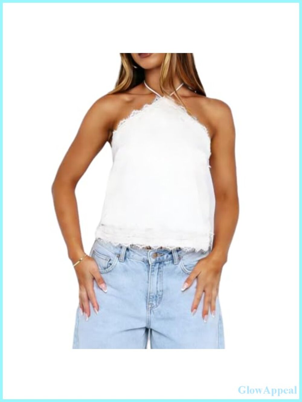 Women's Halter Y2K Crop Top Sleeveless Lace Trim Open Back Coquette Slim Fit